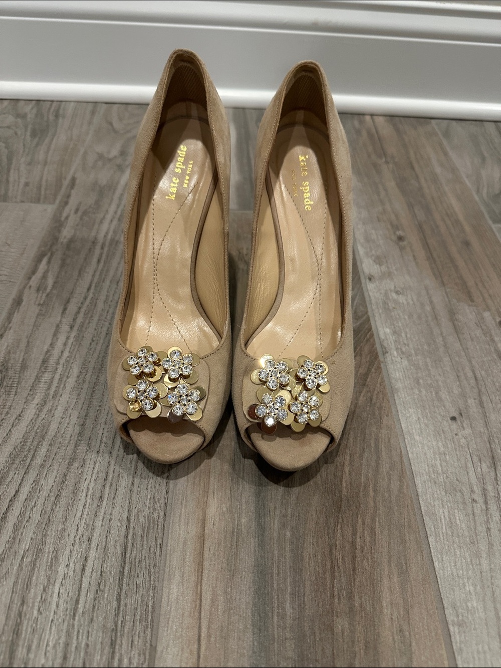 kate spade Beige Peep-Toe Pumps with Gold Crystal Flower Embellishments